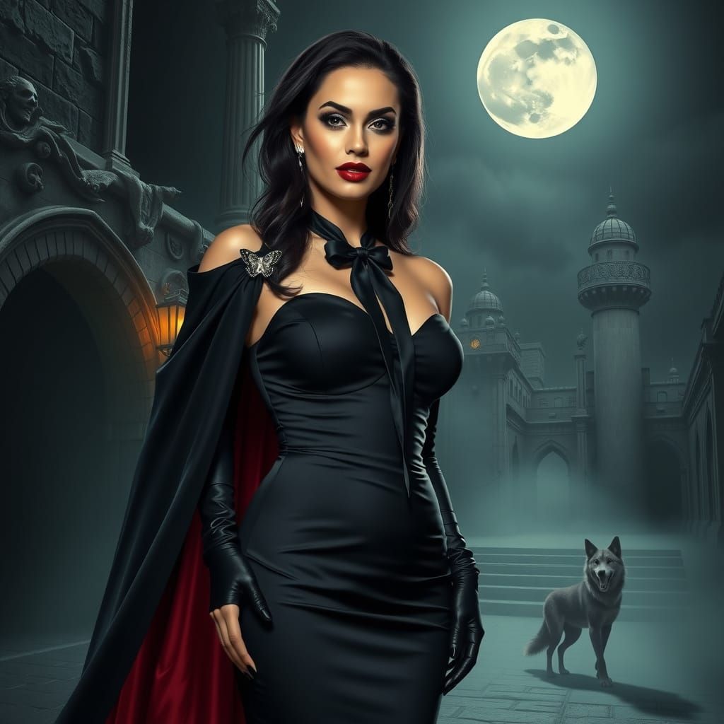 Elegant Vampire Woman in Black Tie Attire, Transylvanian Cas...