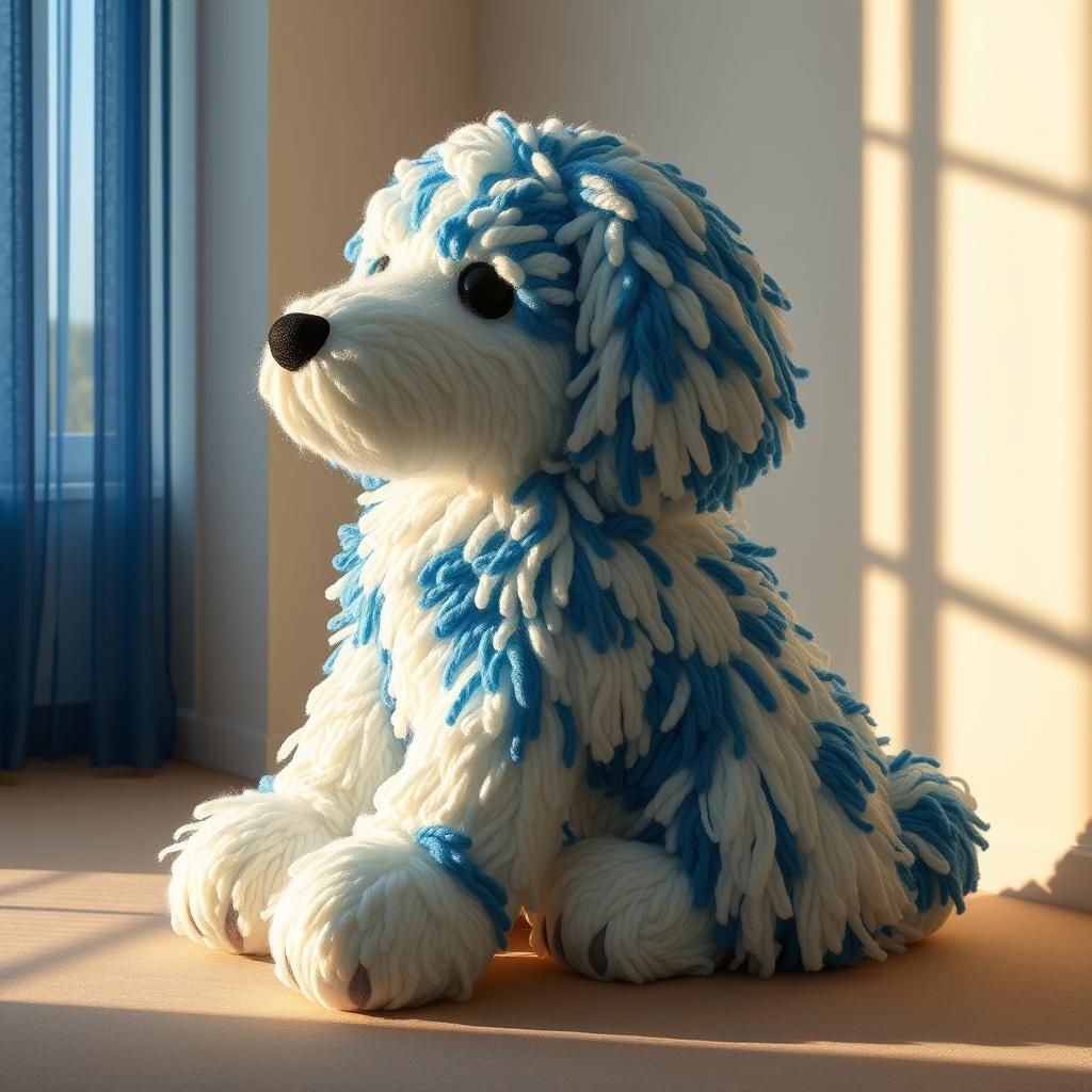 Fluffy Wool Dog Sculpture in Whimsical Folk Art Style