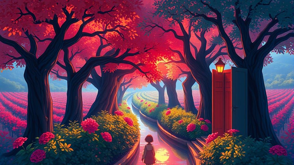 Magical Trees and Girl in Anime Style