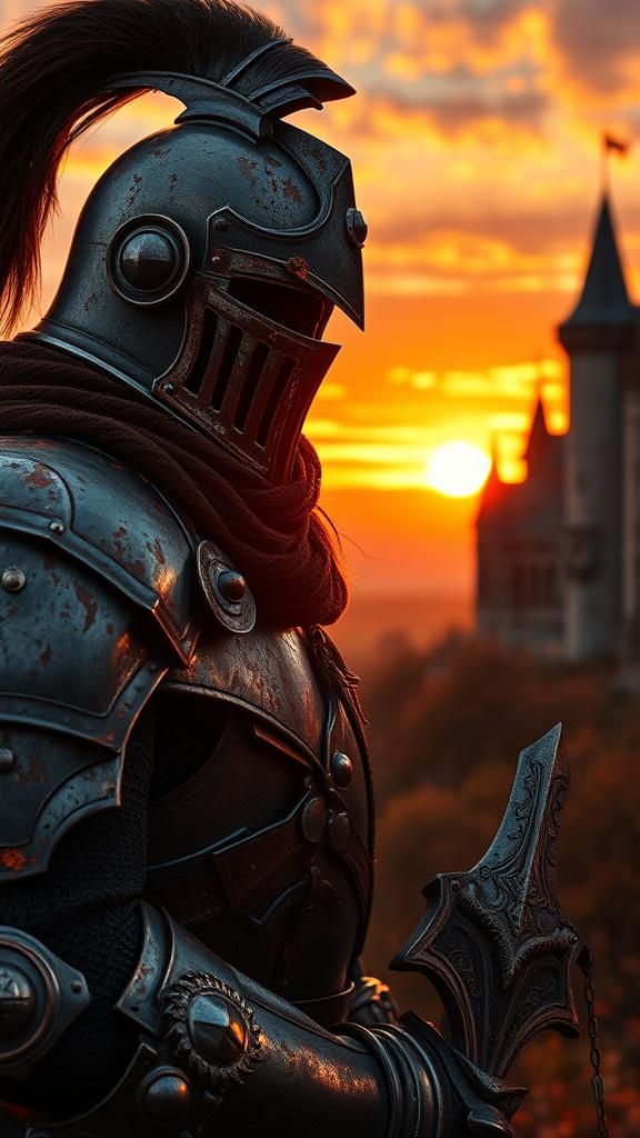 Heroic Knight Ready for Epic Quest at Sunset