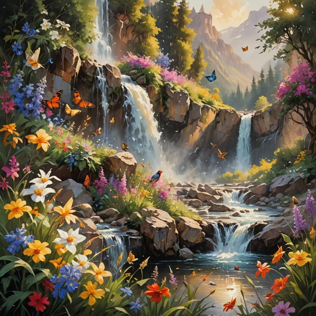 Waterfall Scene with Birds and Butterflies as Oil Painting