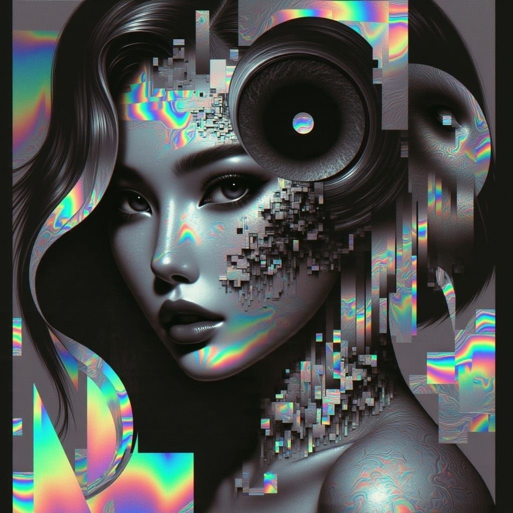 <lora:GlitchFoilFlux:1.0> a female face, a black vortex in the forehead, iridescent checker blocks on parts of the face,...