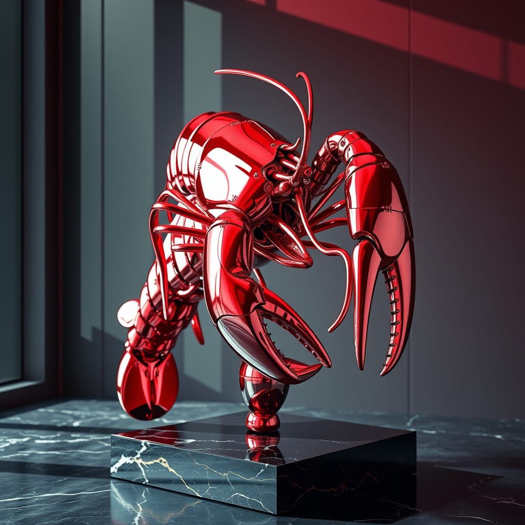Biomechanical Lobster Sculpture in Chrome and Marble