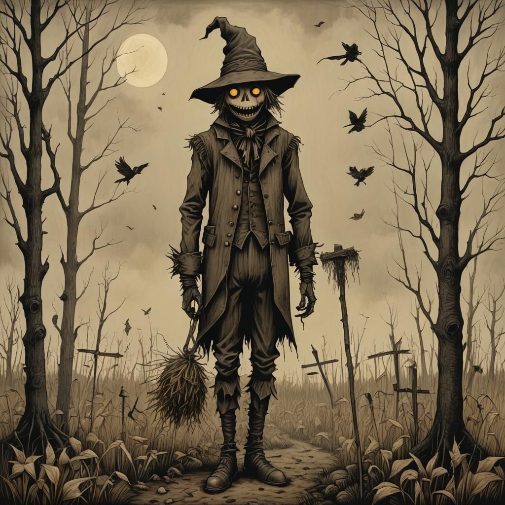 Eerie Scarecrow Illustration in Mortensen Style