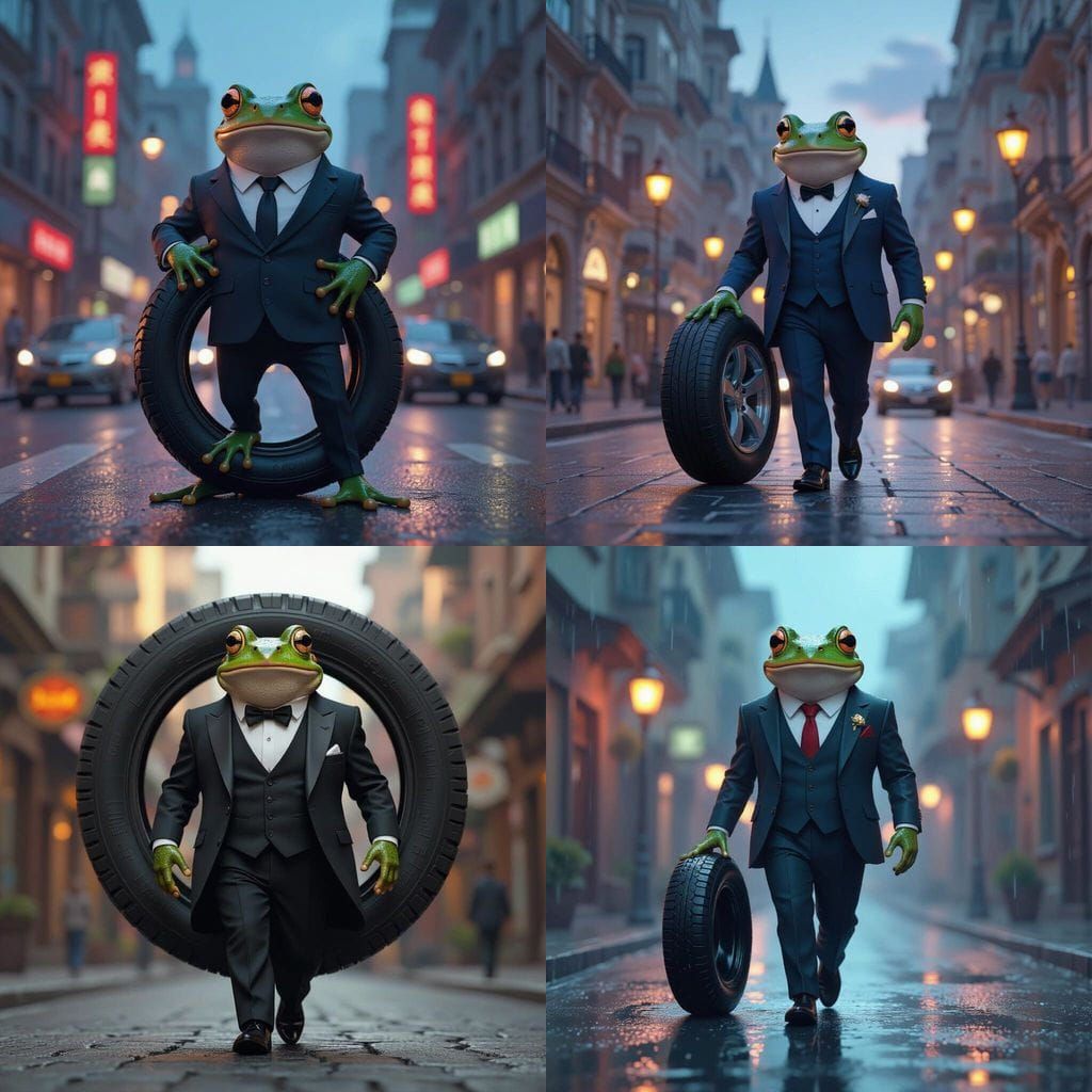 Frog in Suit Walks Down Street with Tire