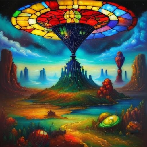 Surreal Landscape with Stained Glass UFO in Hyperrealism