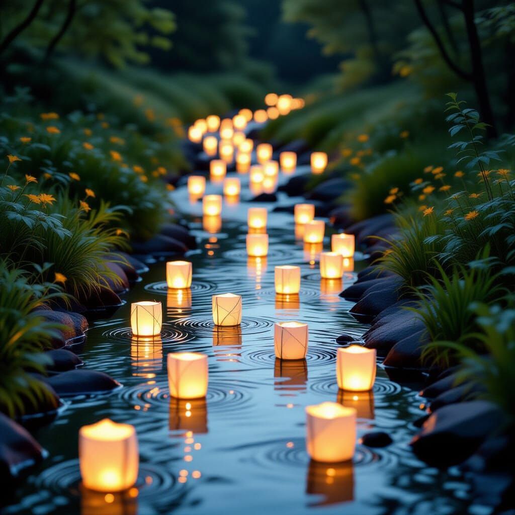 Glowing Lanterns Float Down Serene Stream