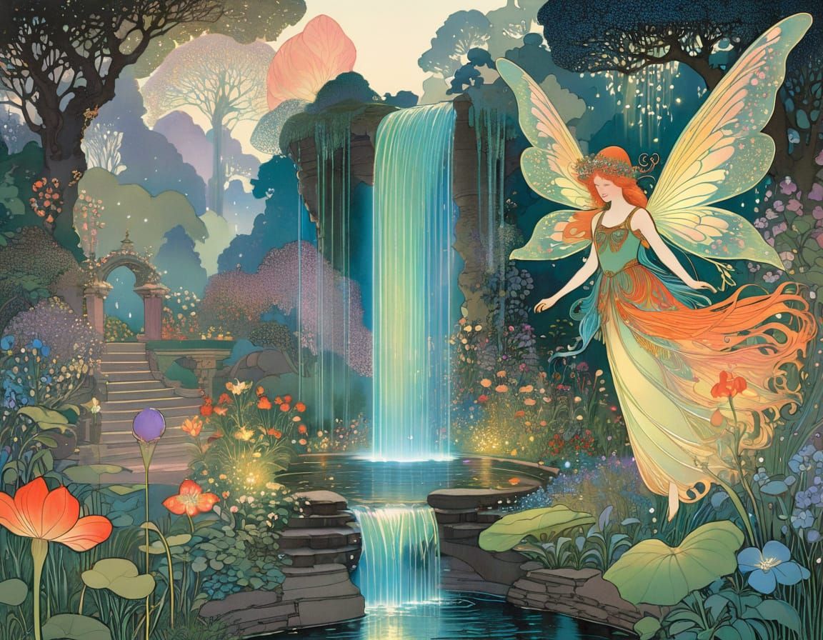 Enchanting Garden Fairy Spilling Magic Waterfall