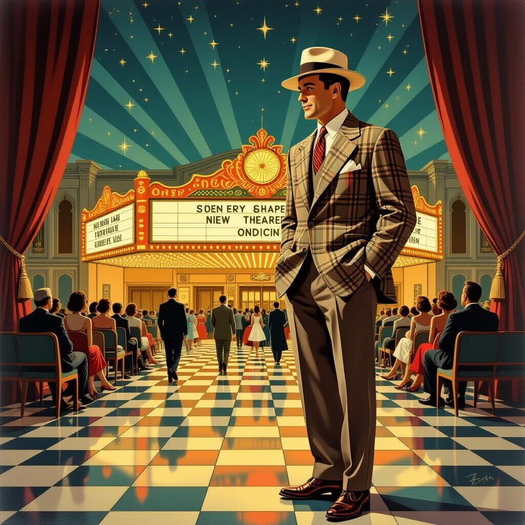 Man Outside Theater in Surrealist 1950s Style