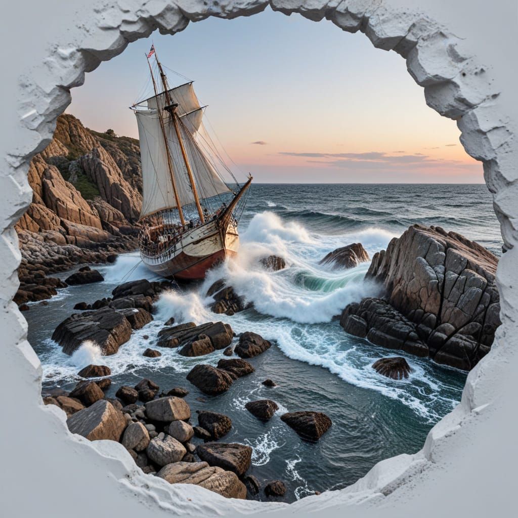 Schooner Wrecked on Rocky Coastline