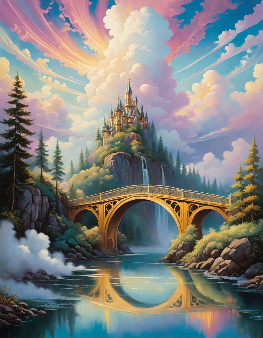 A majestic bridge floats in the middle of fluffy white clouds, connecting two dreamy landscapes.