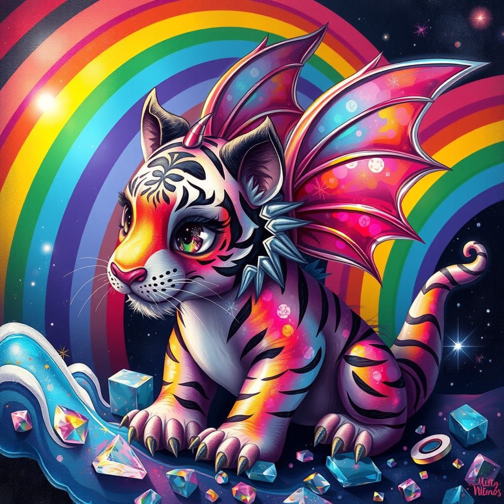 Whimsical Fairy Dragon Tiger in Vibrant Prismatic Rainbows