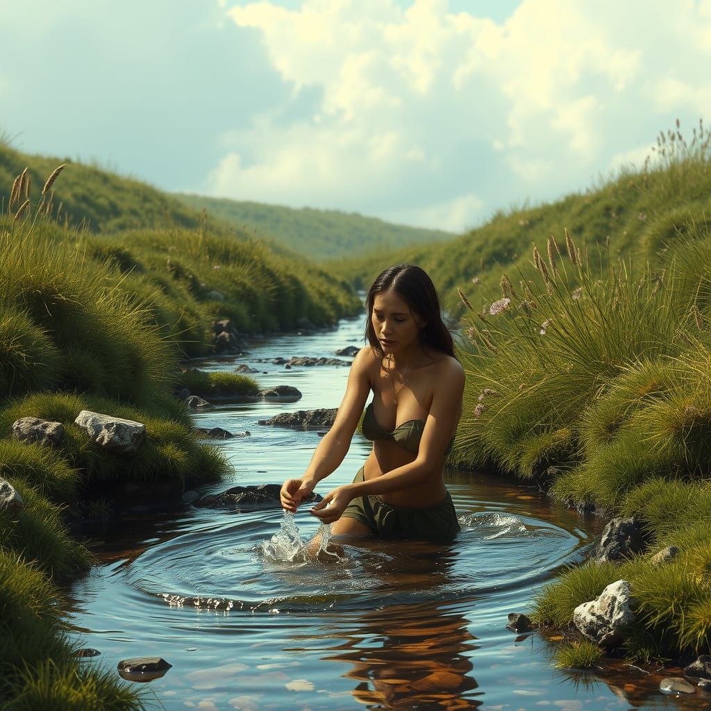 Ancient Woman Soaks in Pristine Stream Water