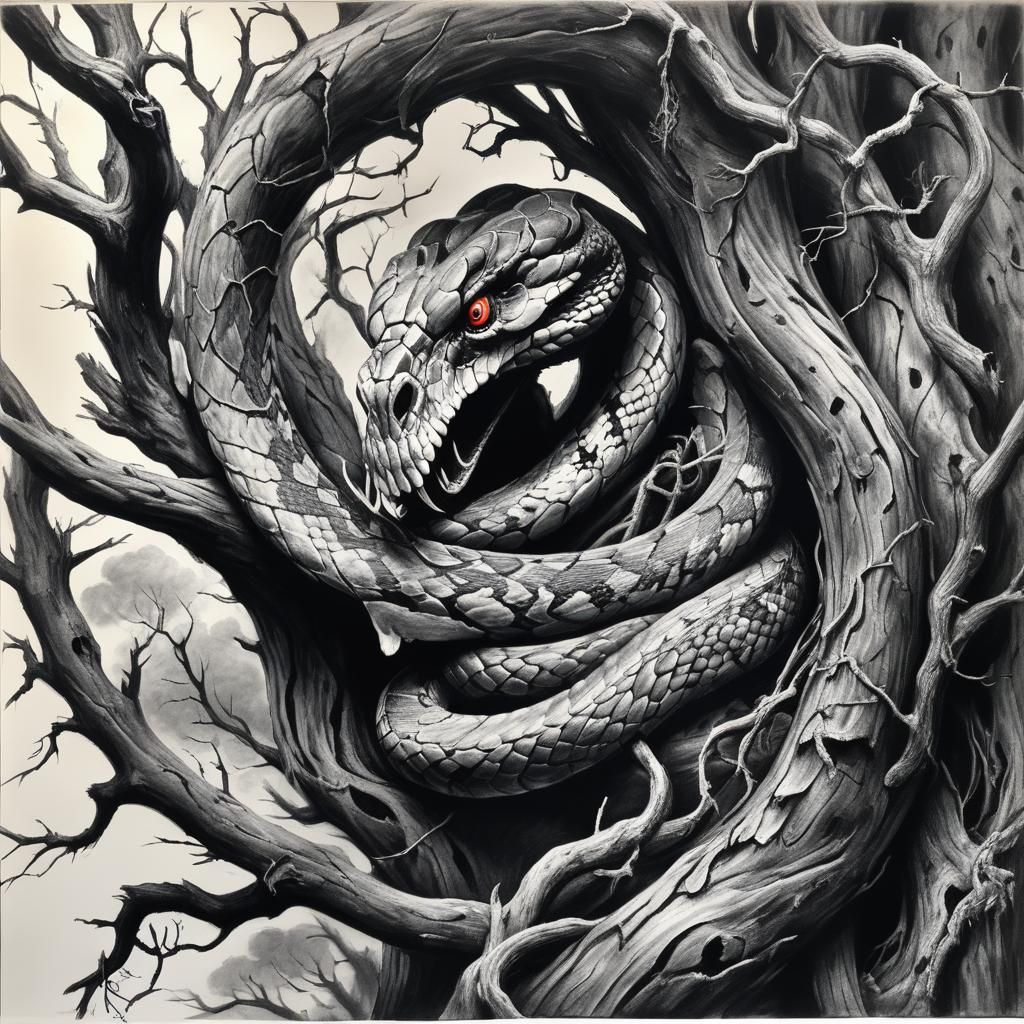 Demon Snake Coiled in Dead Tree, Charcoal Drawing