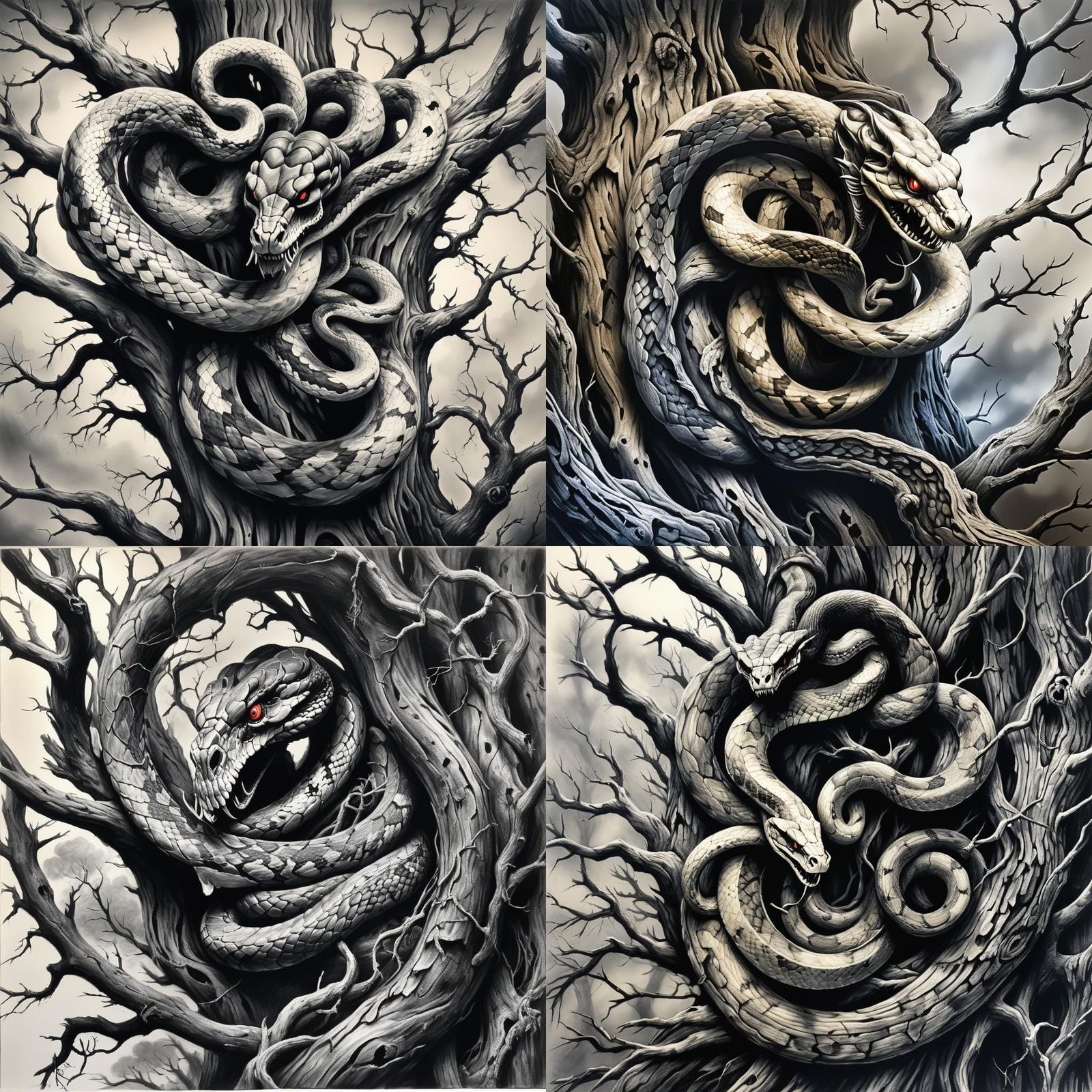 Demon Snake Coiled in Tree: Ackland Style Charcoal