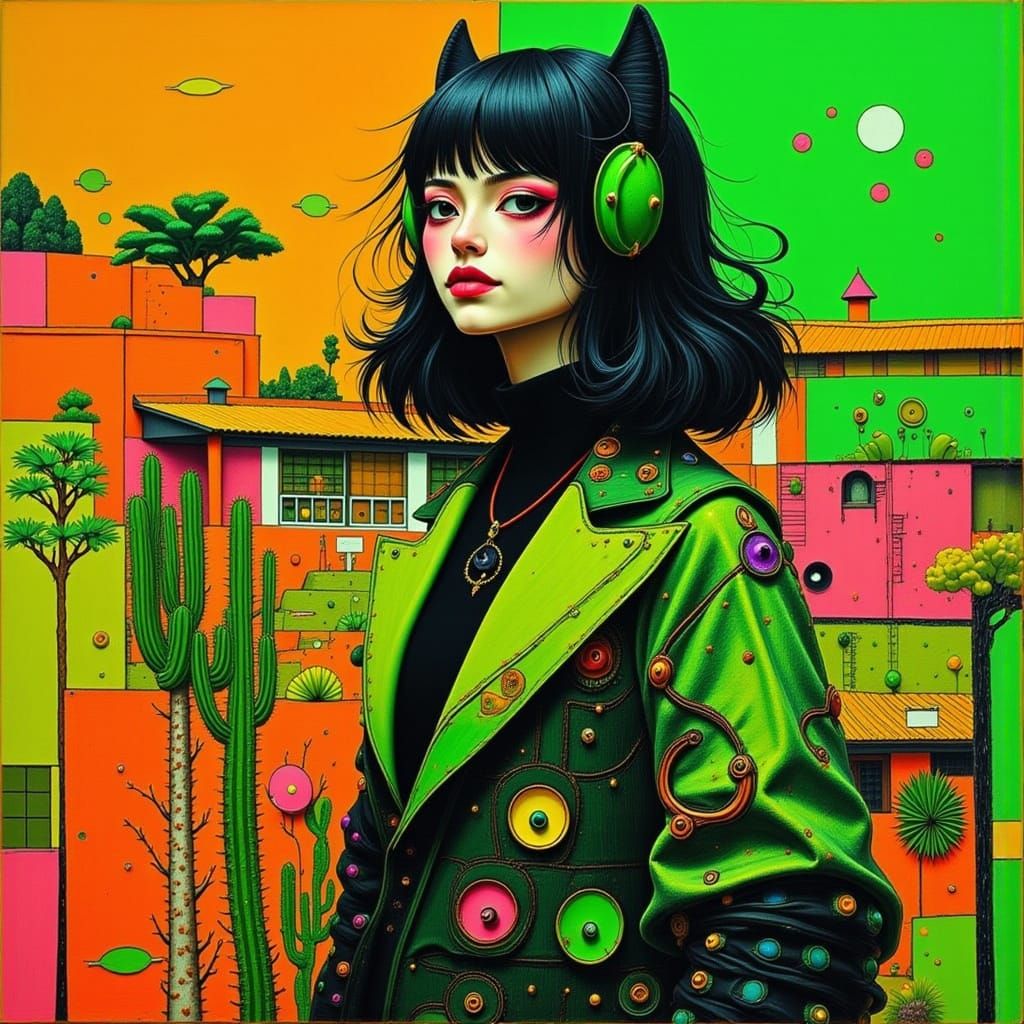 Neon Geisha Cactus Person in Vibrant Colors
