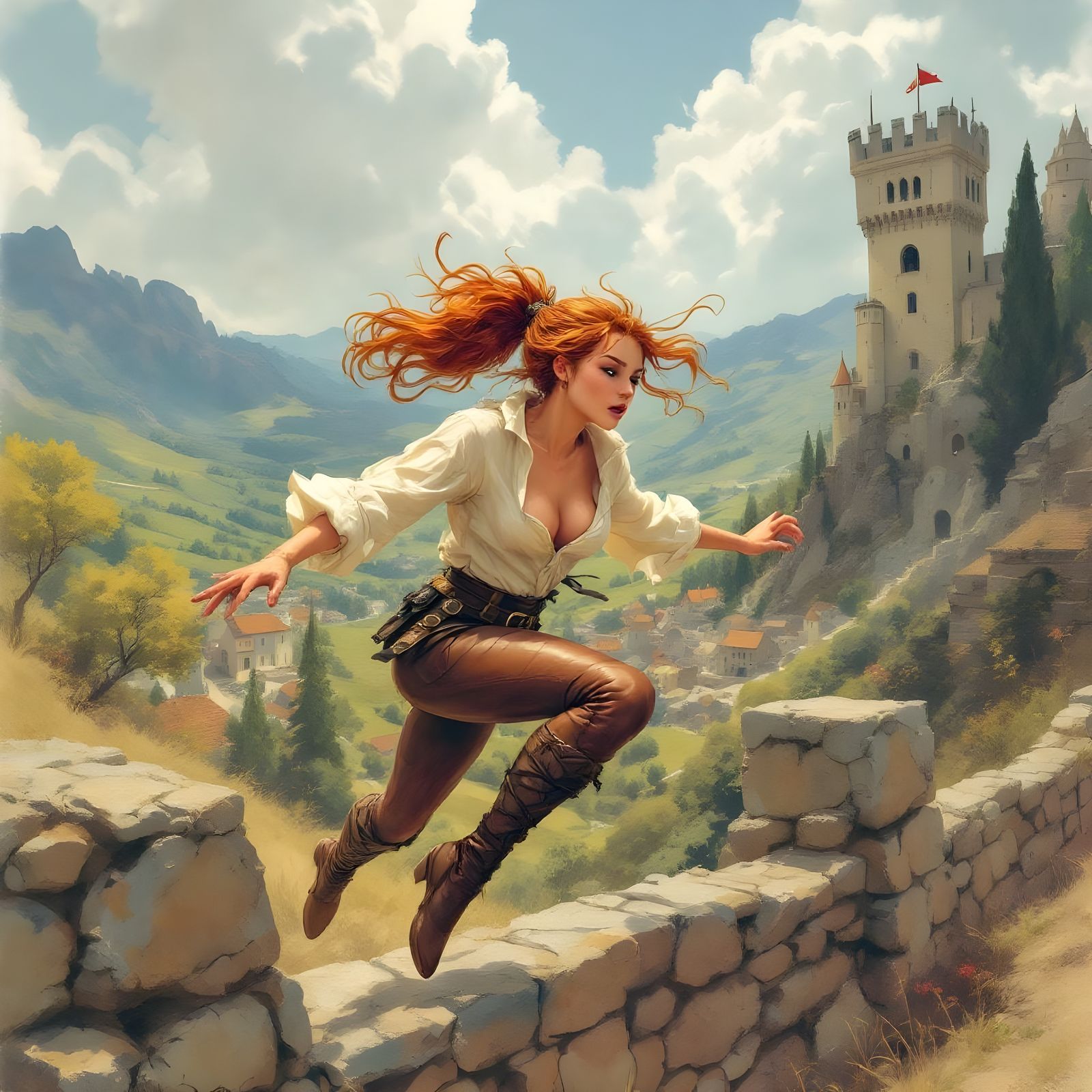 Freckled Ginger Thief's Medieval Escape: Pastel Illustration