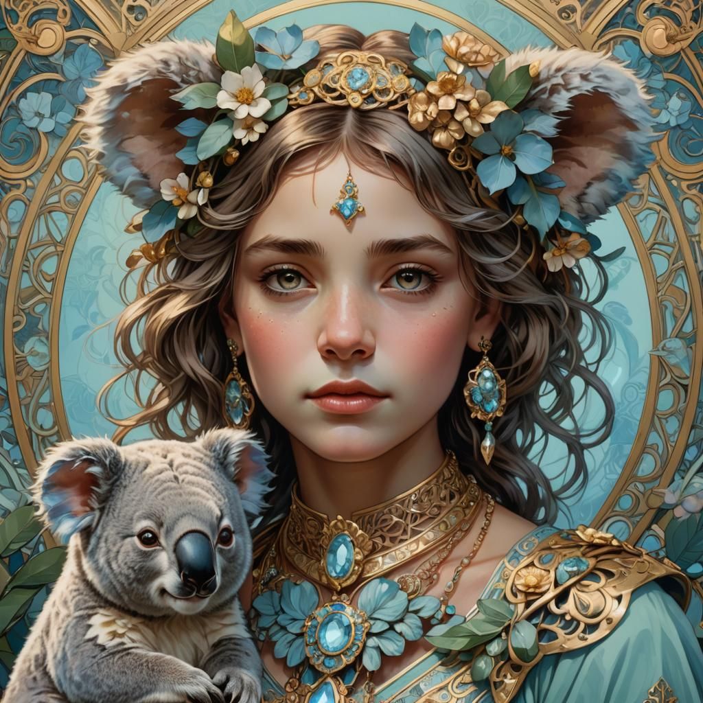 Girl with Koala and Art Nouveau Jewelry