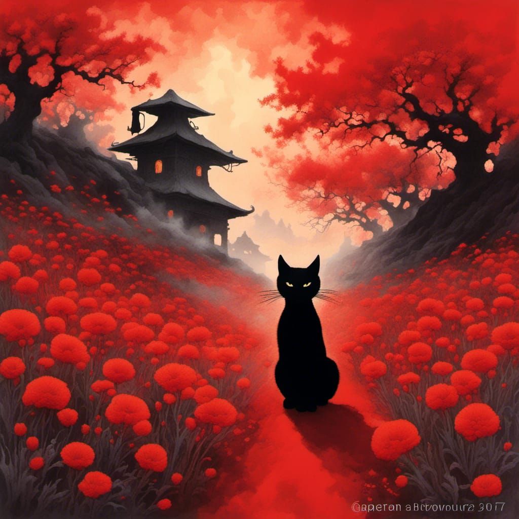 Black Cat Silhouette in Floral Field, Ink Painting