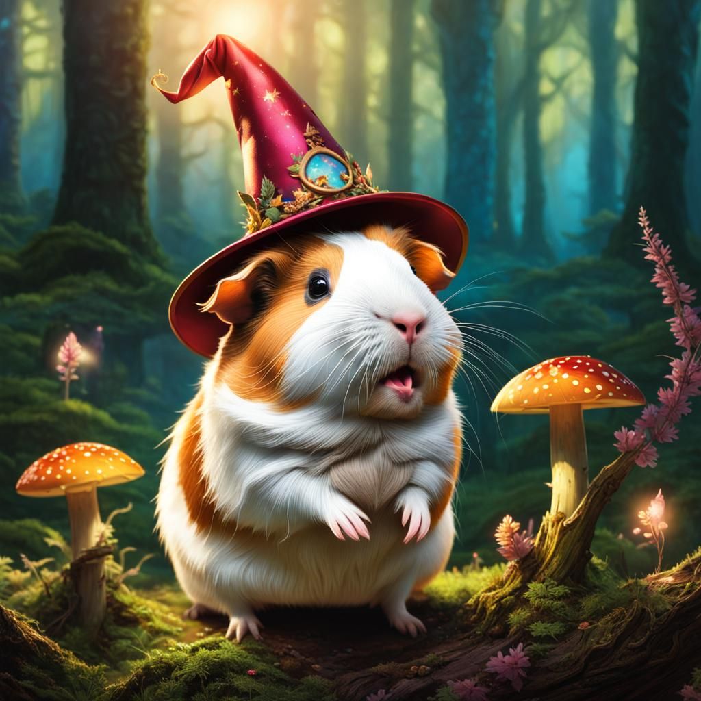 Guinea Pig Wizard in Enchanted Forest, Fantasy Art