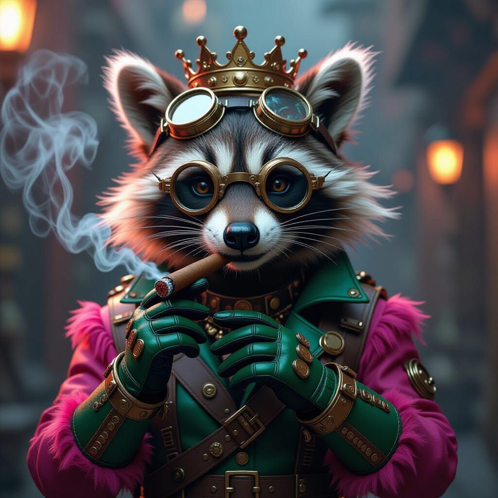 Steampunk Raccoon with Pink Fur and Green Boots