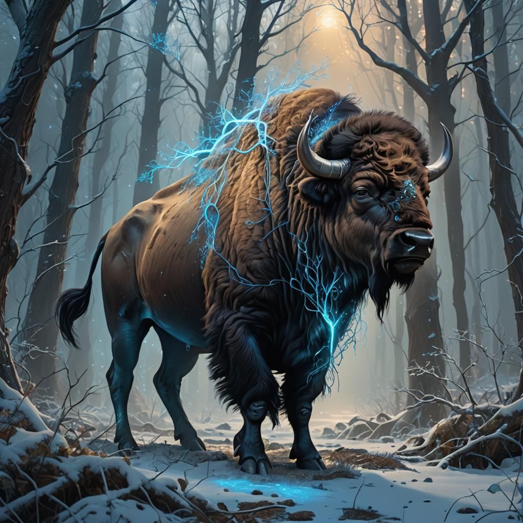 Bison with Neural Pathways in Healing Forest