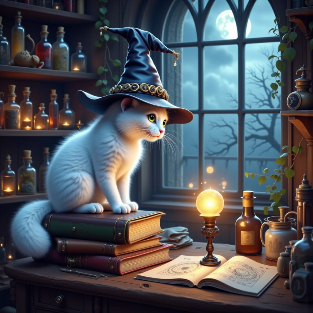Fluffy Cat Wizard with Spellbooks and Glowing Orb