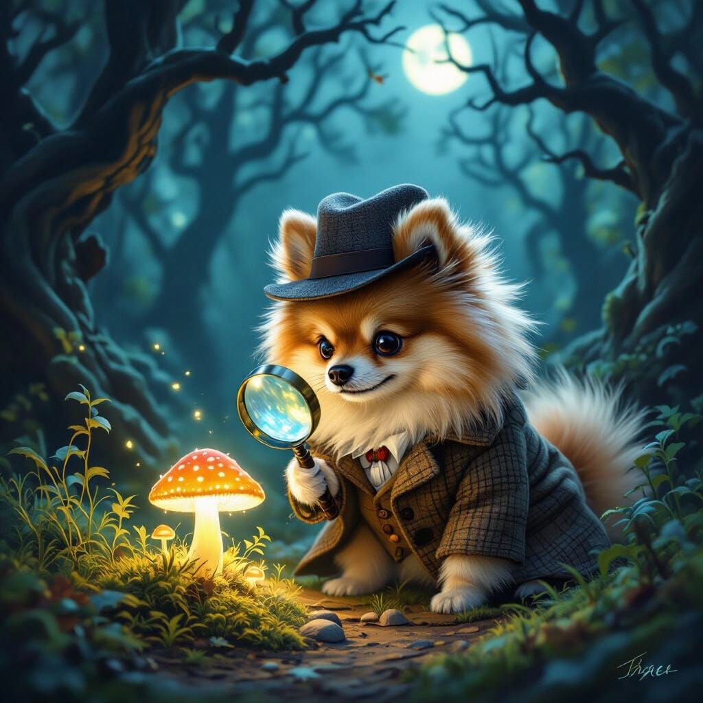 Victorian Pomeranian Detective Investigates Glowing Mushroom
