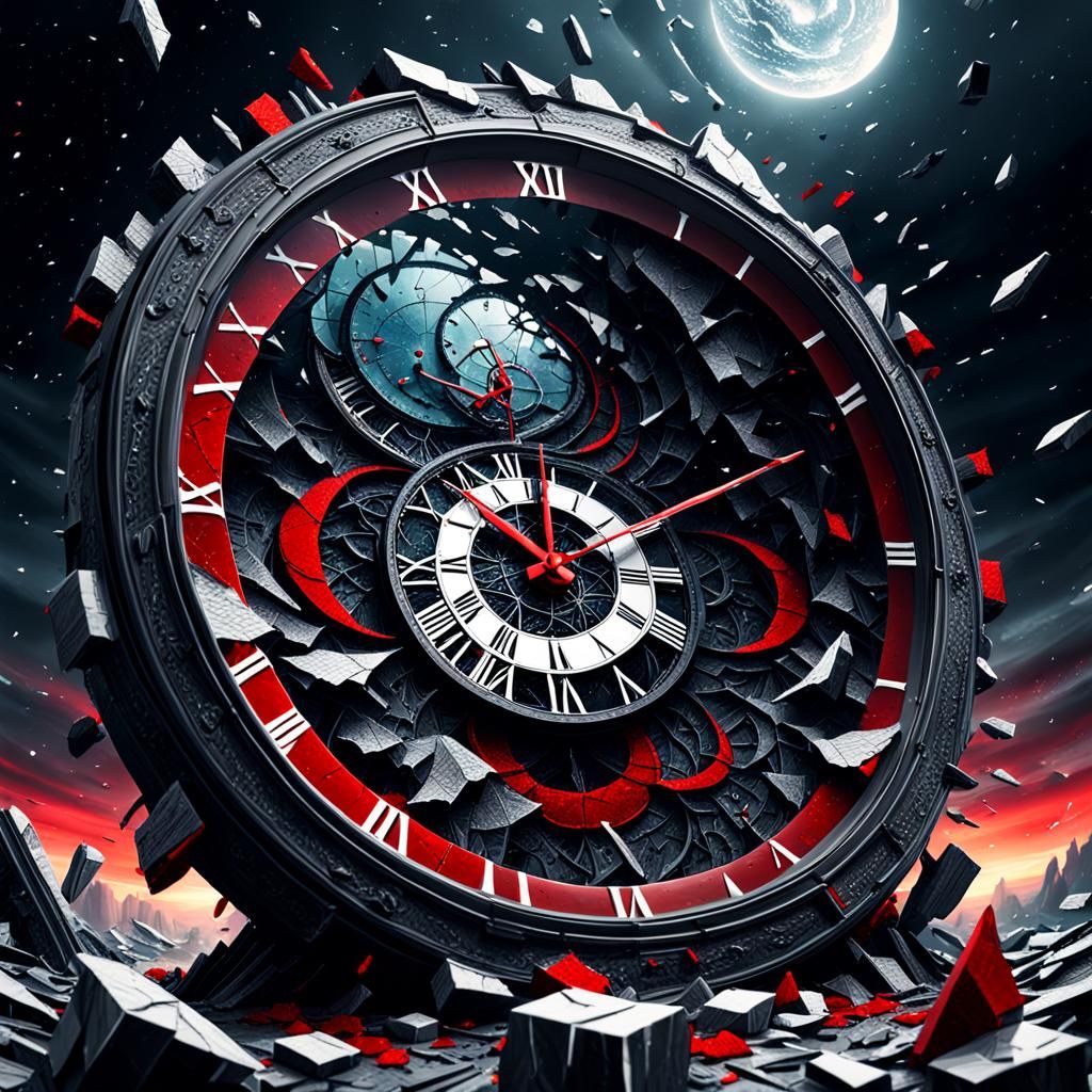 Shattered Clock Bursts Reality in Surreal Sci-Fi Landscape
