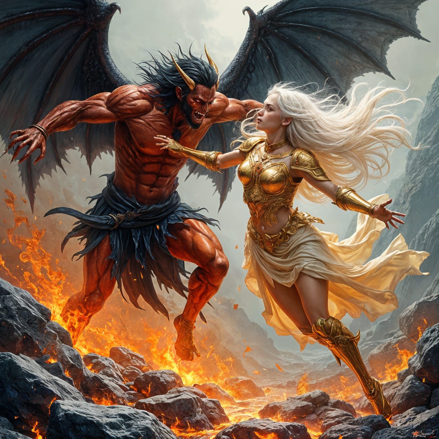 Epic Demon vs Goddess Battle in Manga Style