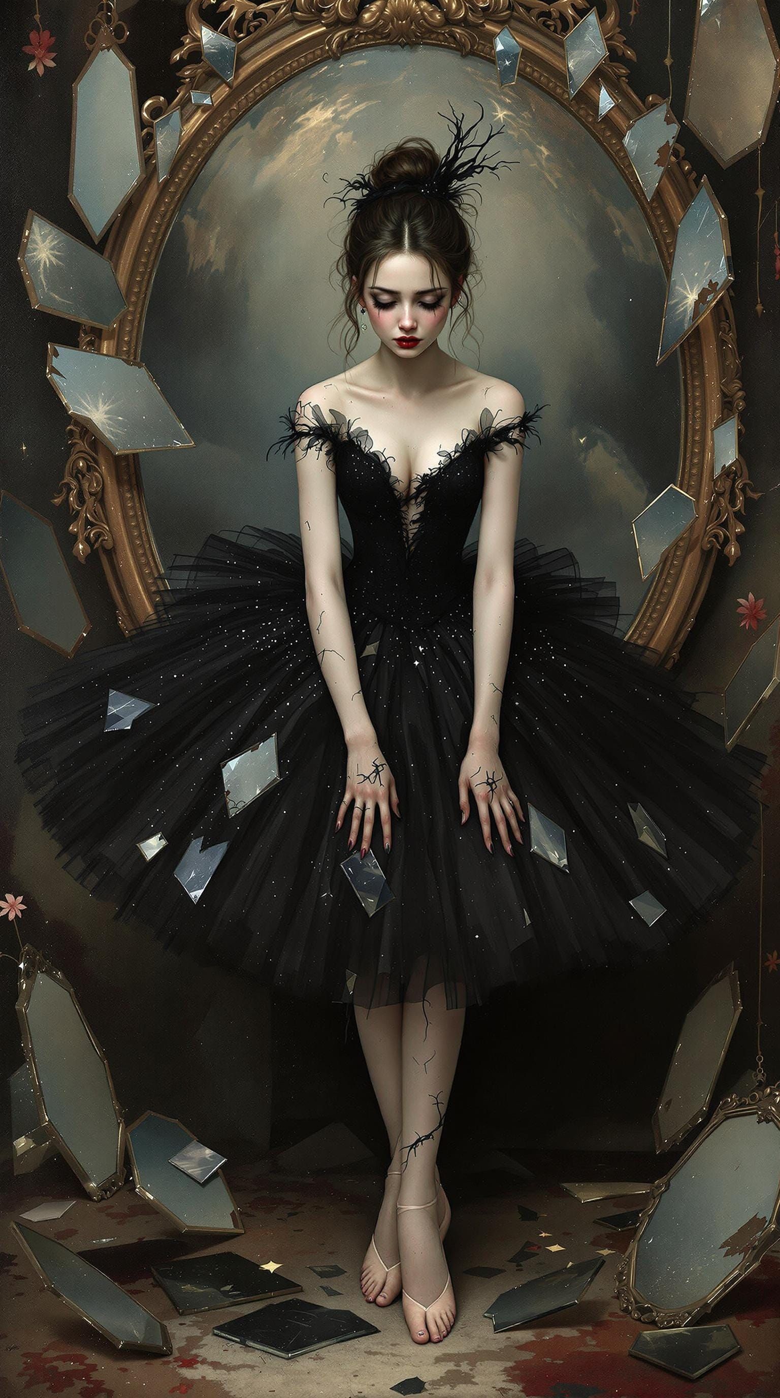 Distraught Ballerina in Shattered Mirror, Pre-Raphaelite Sty...