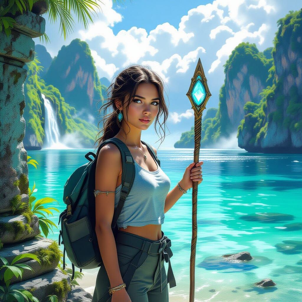 Tropical Island Landscape with Woman in Painterly Style