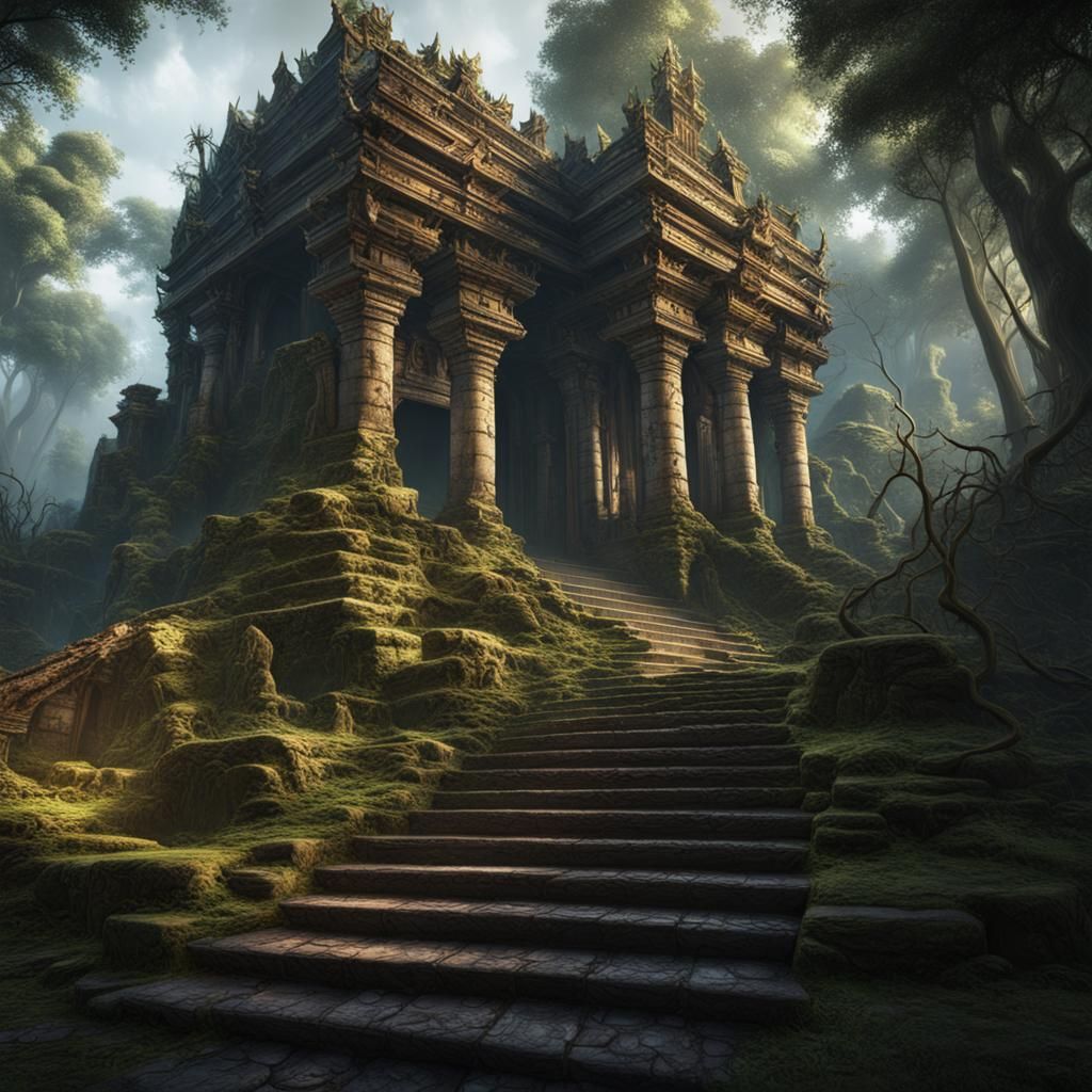 Ruined Temple Stairs in Forest: Detailed Matte Painting
