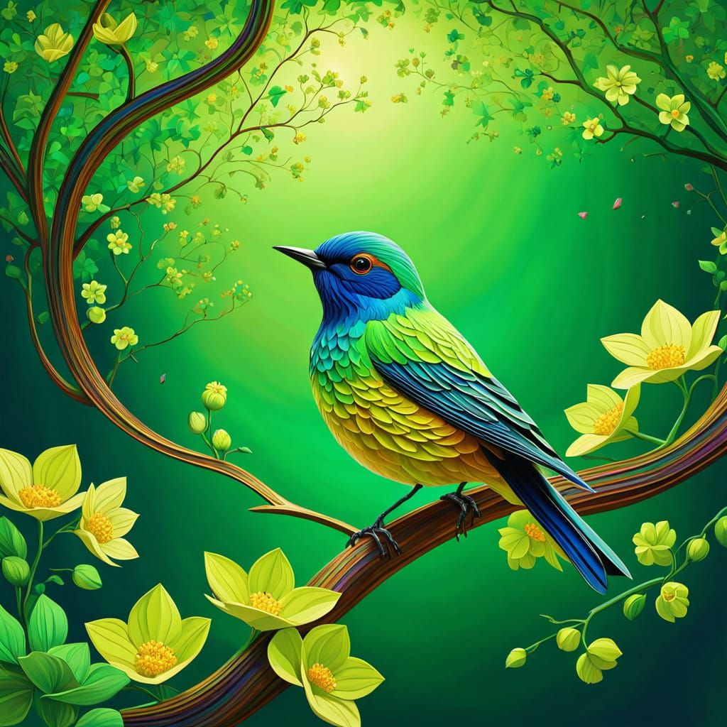 Expressionist Bird with Flowers in Impasto Oil