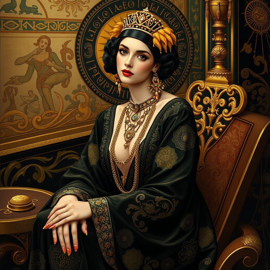 Gustav Klimt-Inspired Portrait of a Regal Woman in Opulent A...