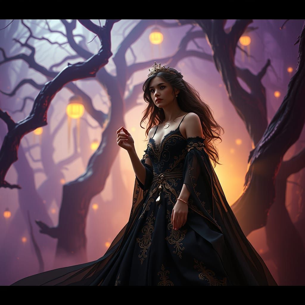 Dark Fantasy: Woman Beseeching Lost Lover in Mystical Settin...