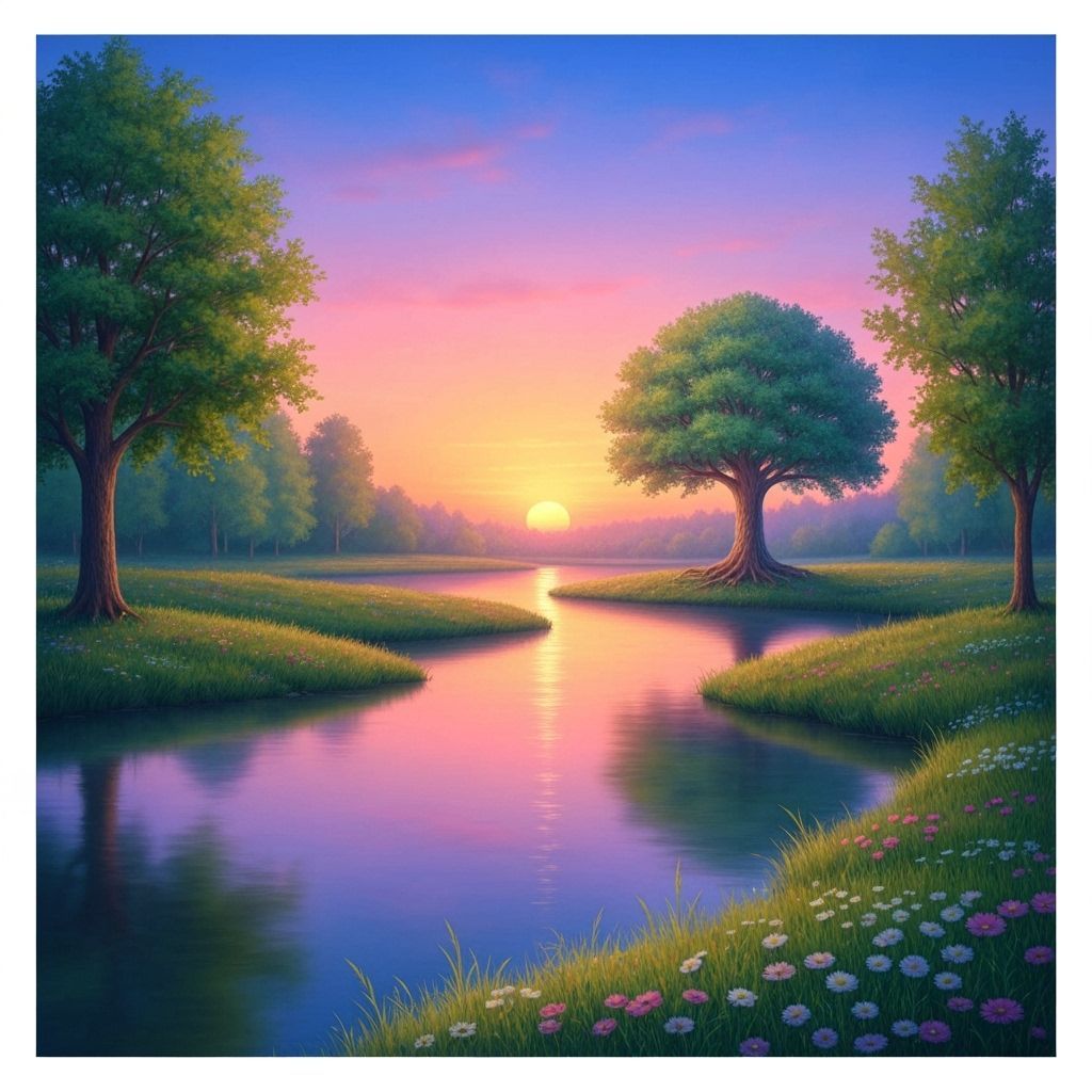 Serene Sunset River Landscape as Watercolor Painting