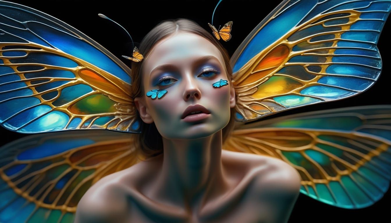 Surreal Portrait of Human with Butterfly Wings in Vibrant Oi...