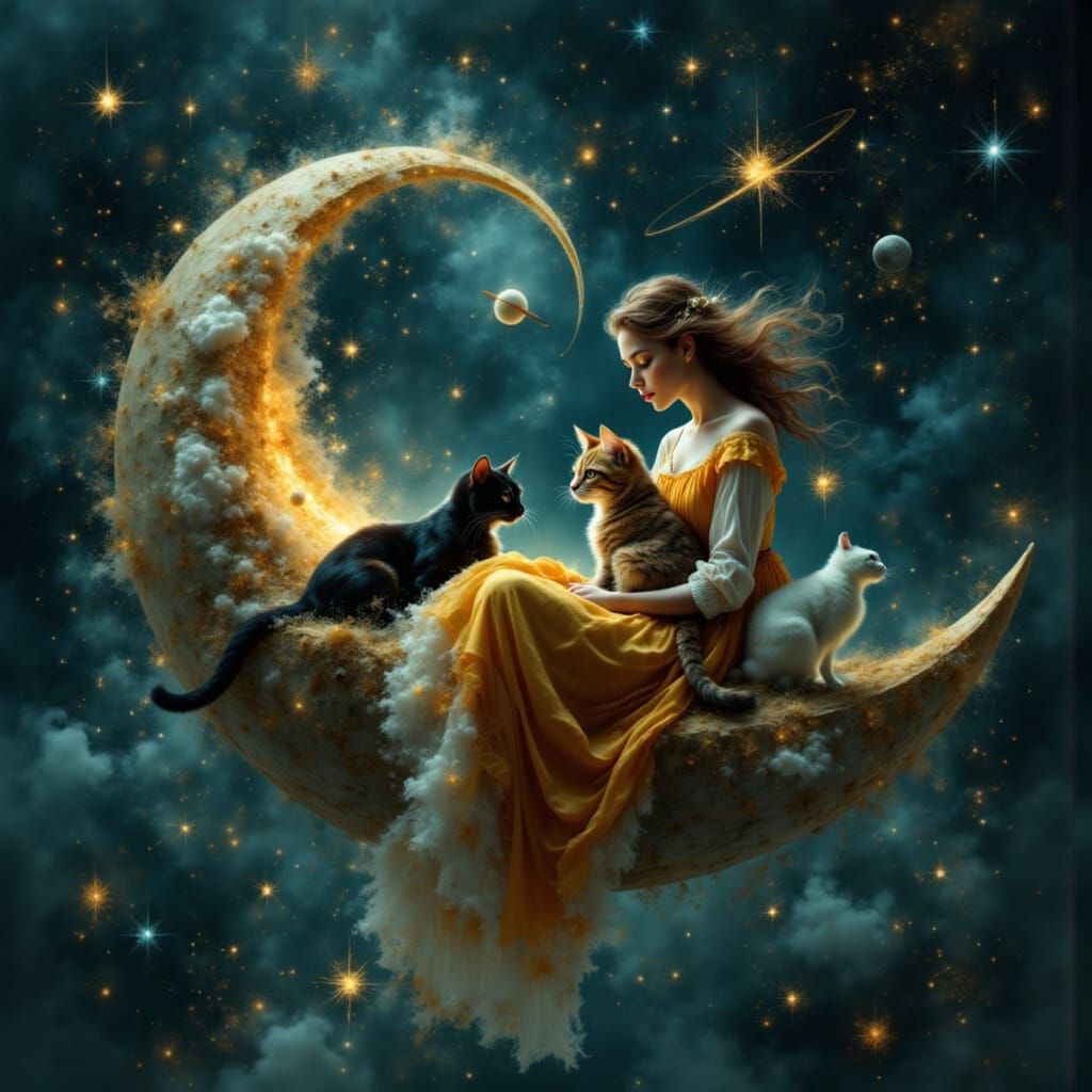 Cosmic Fantasy: Women, Cats, and Birds on a Star Dust Moon