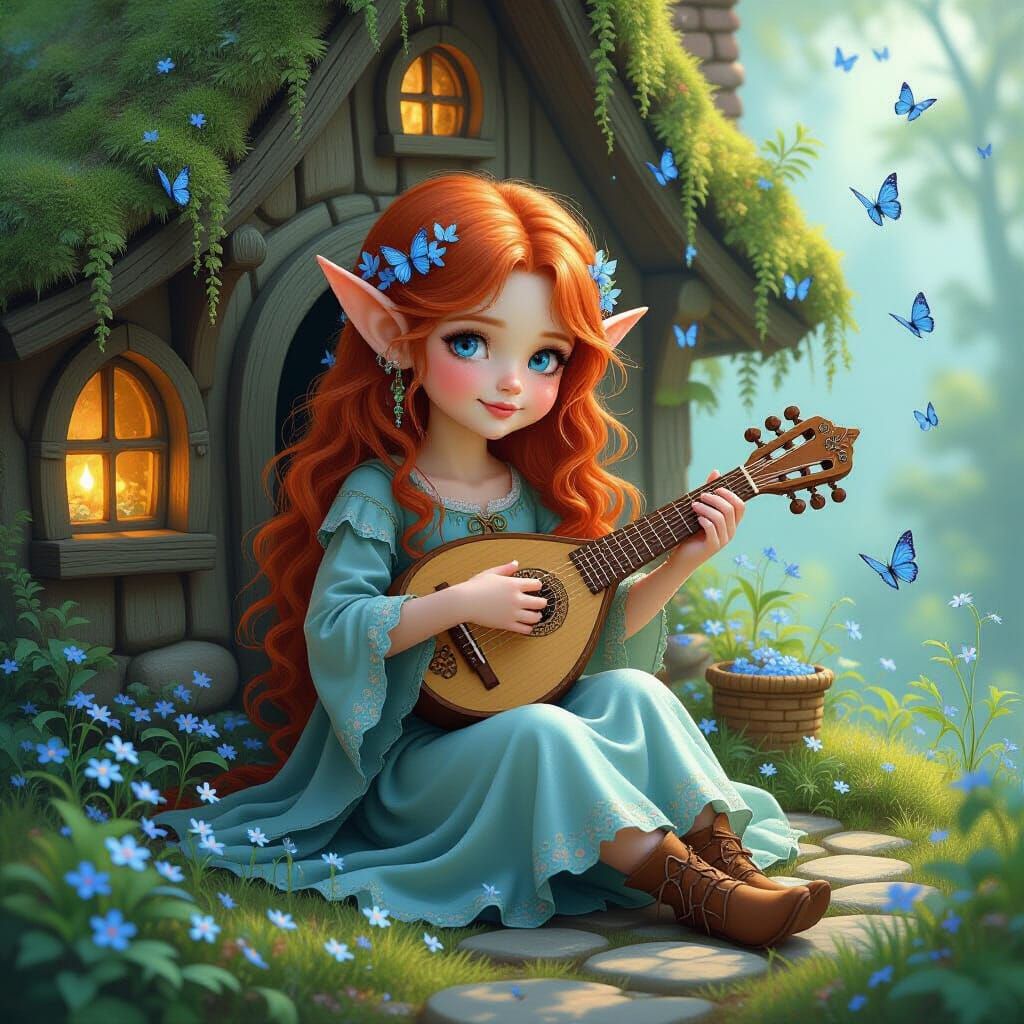 Enchanting Elf Plays Lute in Dreamy Cottage Scene