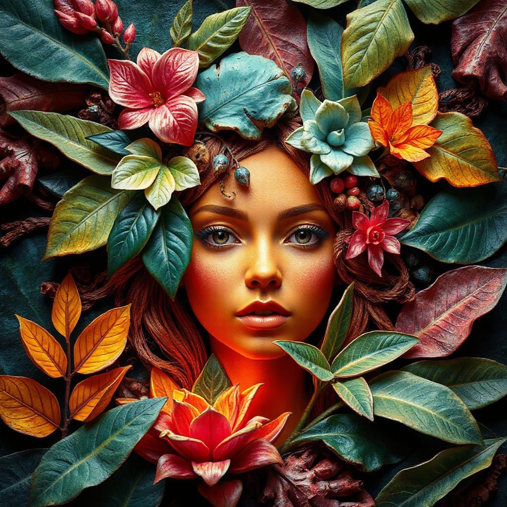 Surreal Jungle Face in Trompe L'oeil Style