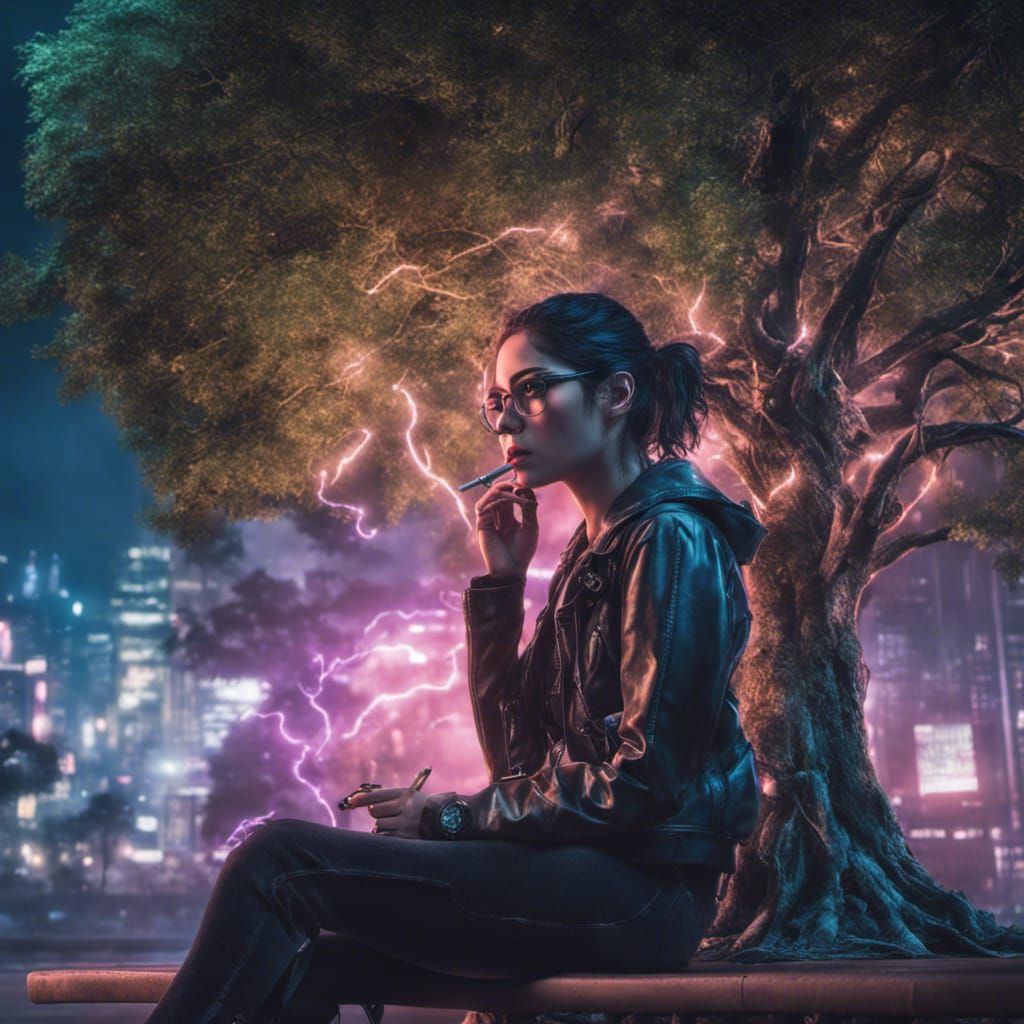 Cyberpunk Woman in Futuristic Park at Night