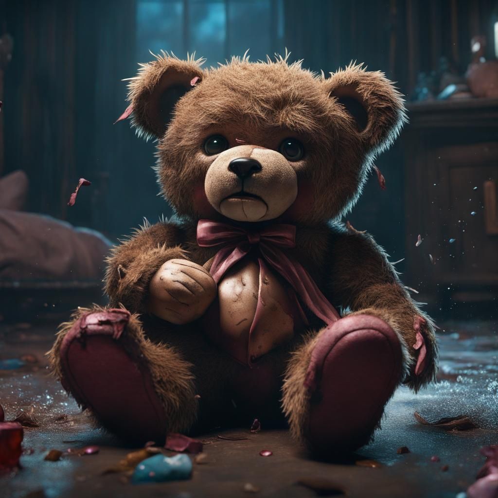 Cry Baby with Worn Teddy Bear: Detailed Matte Painting