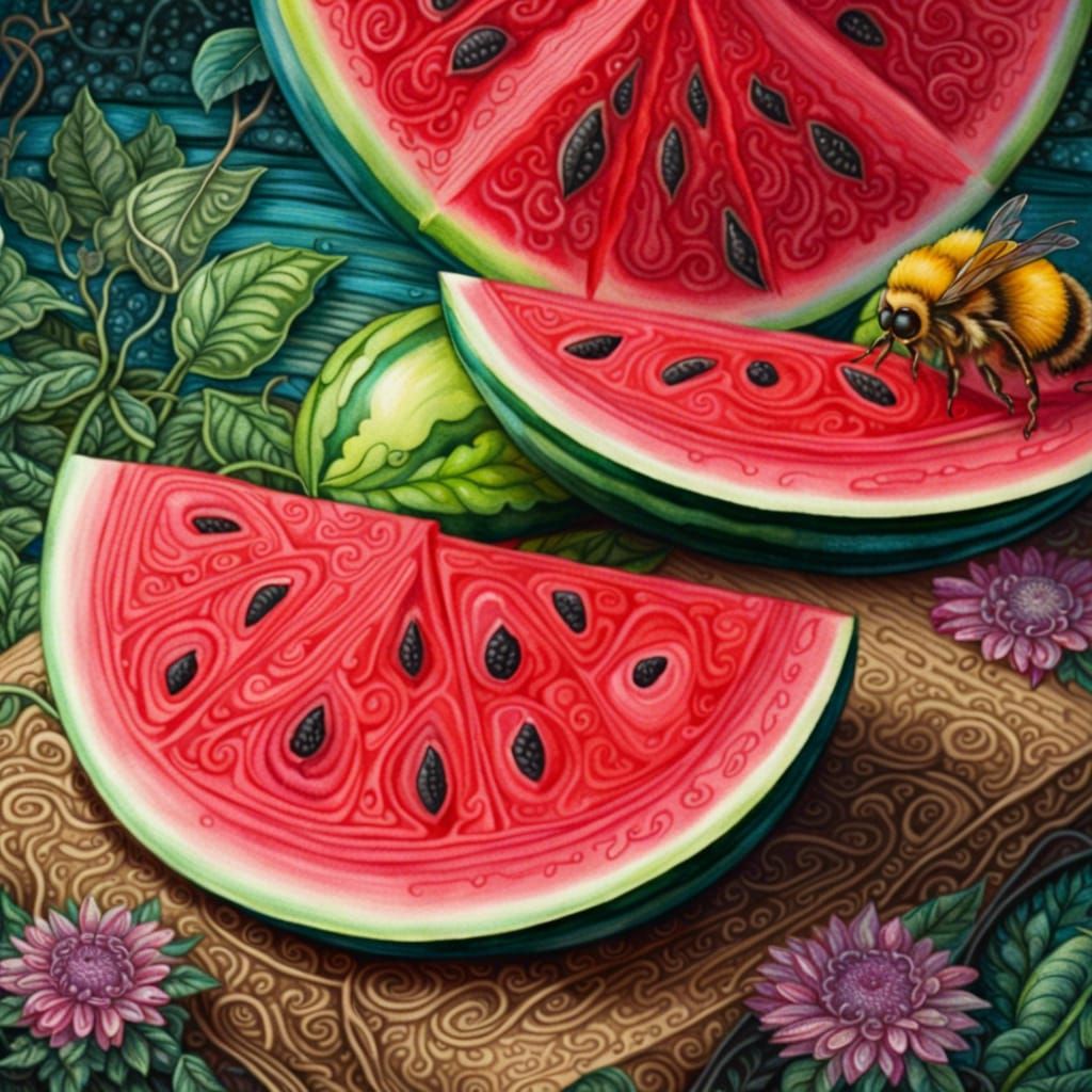 Watercolor Watermelon and Bee Illustration