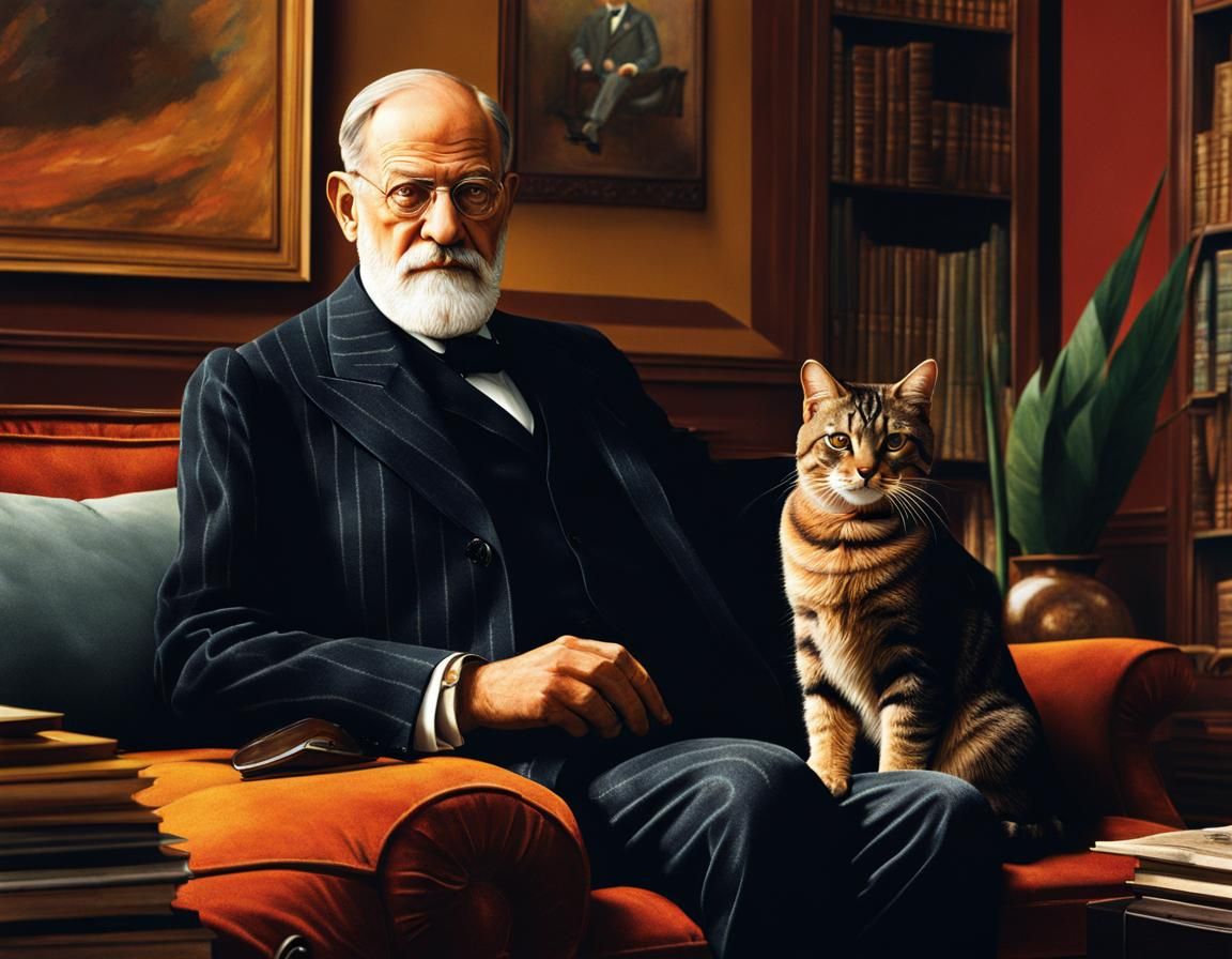 Freud in Office with Tabby Cat: Hyperrealistic Art