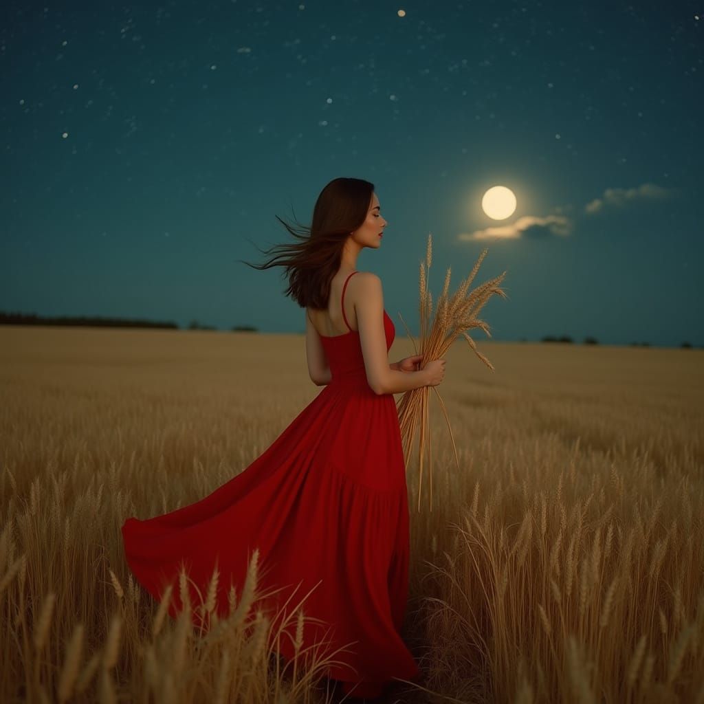Woman in Wheat Field, Red Dress Floating Under Moonlight