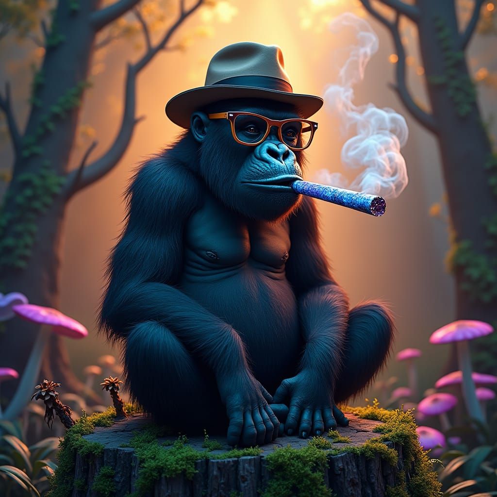 Hipster Gorilla Smoking a Blunt in Fantasy Landscape