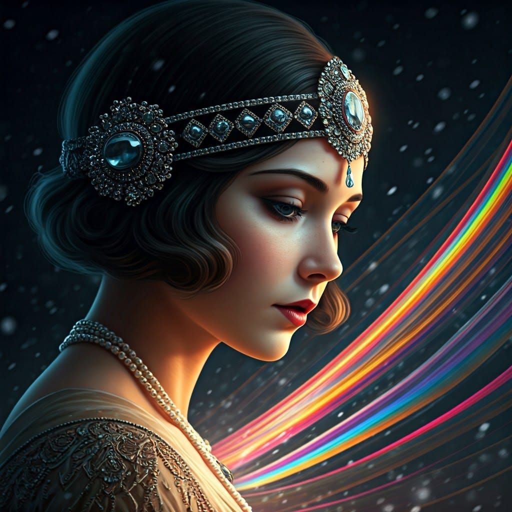 Flapper Girl in Cyberpunk Snowfall: Digital Art Masterpiece