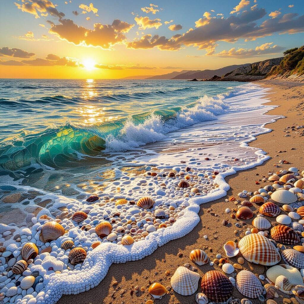 Seashell Mosaic Seascape at Golden Hour