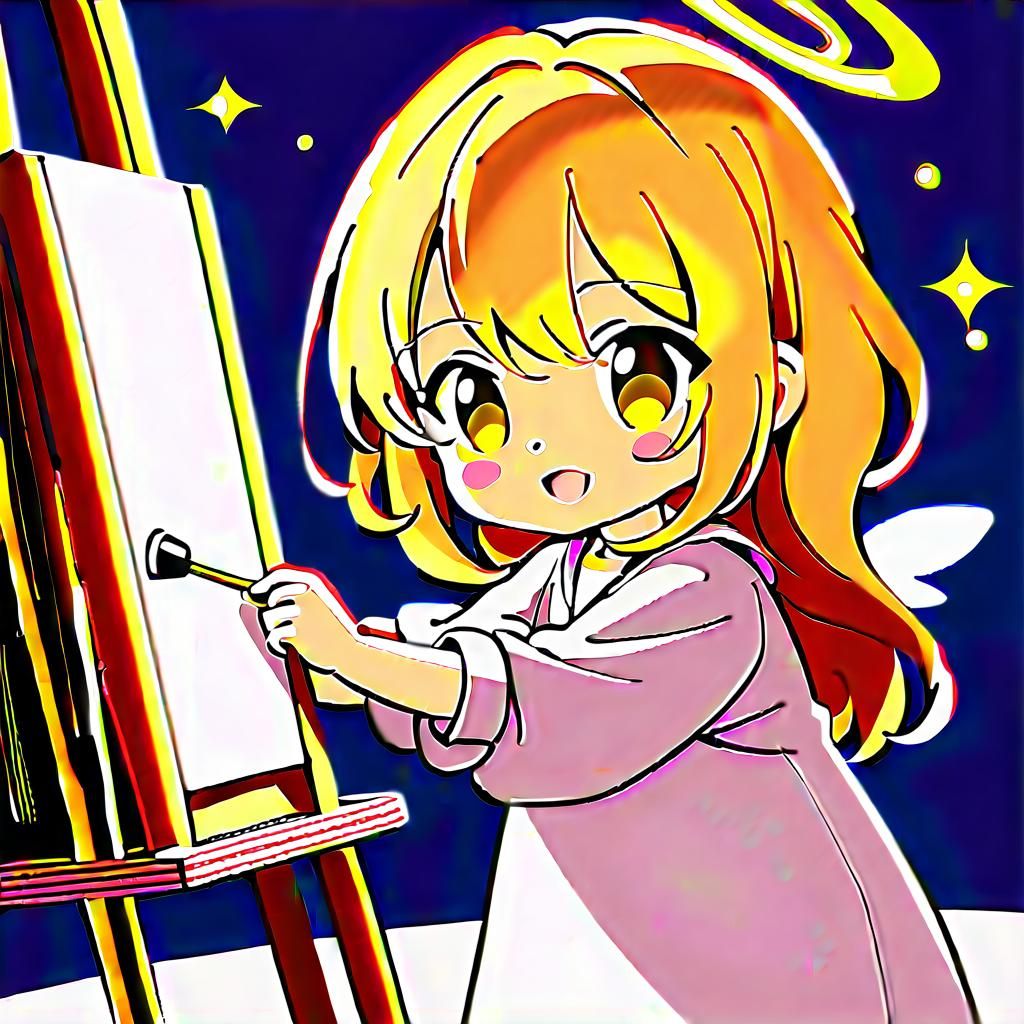 Lovely Angel Girl Painting at Easel